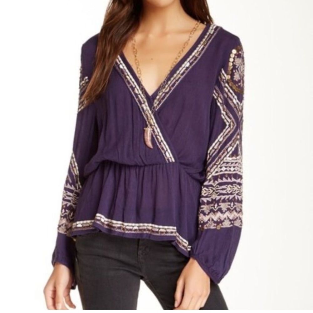 Free People purple embroidered faux wrap top size medium